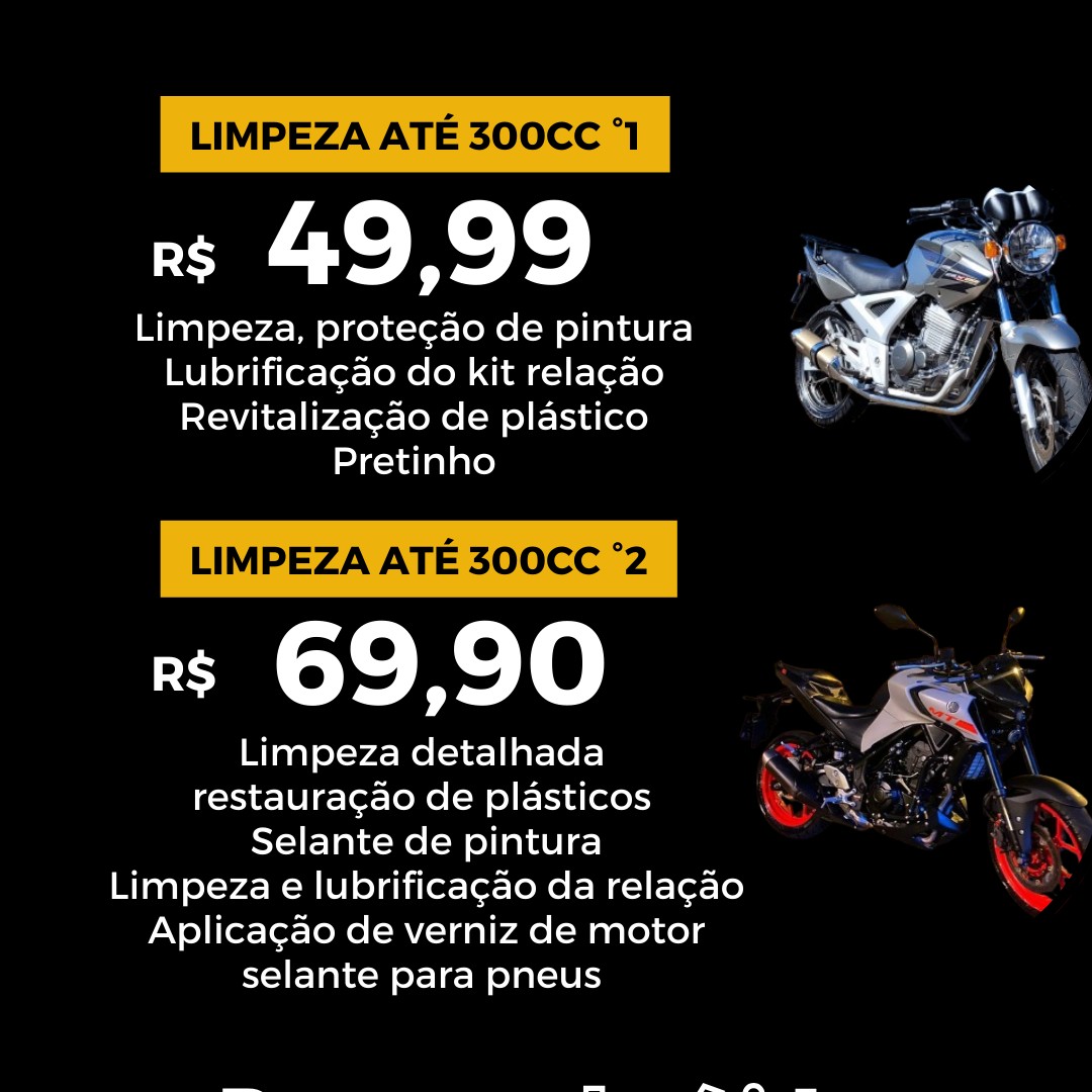 limpeza detalhada motos ate 300cc a partir de 49,99