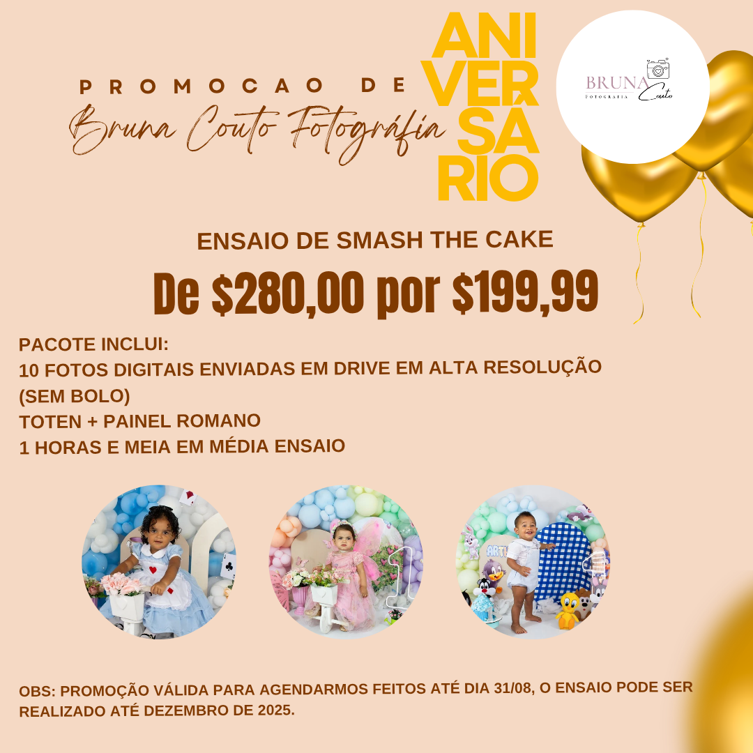 Smash The Cake (valor promocional de aniversário do Studio) pacote com 10 fotos digitais / sem bolo / Toten no tema escolhido / painéis Romanos / 1 hora e meia de ensaio