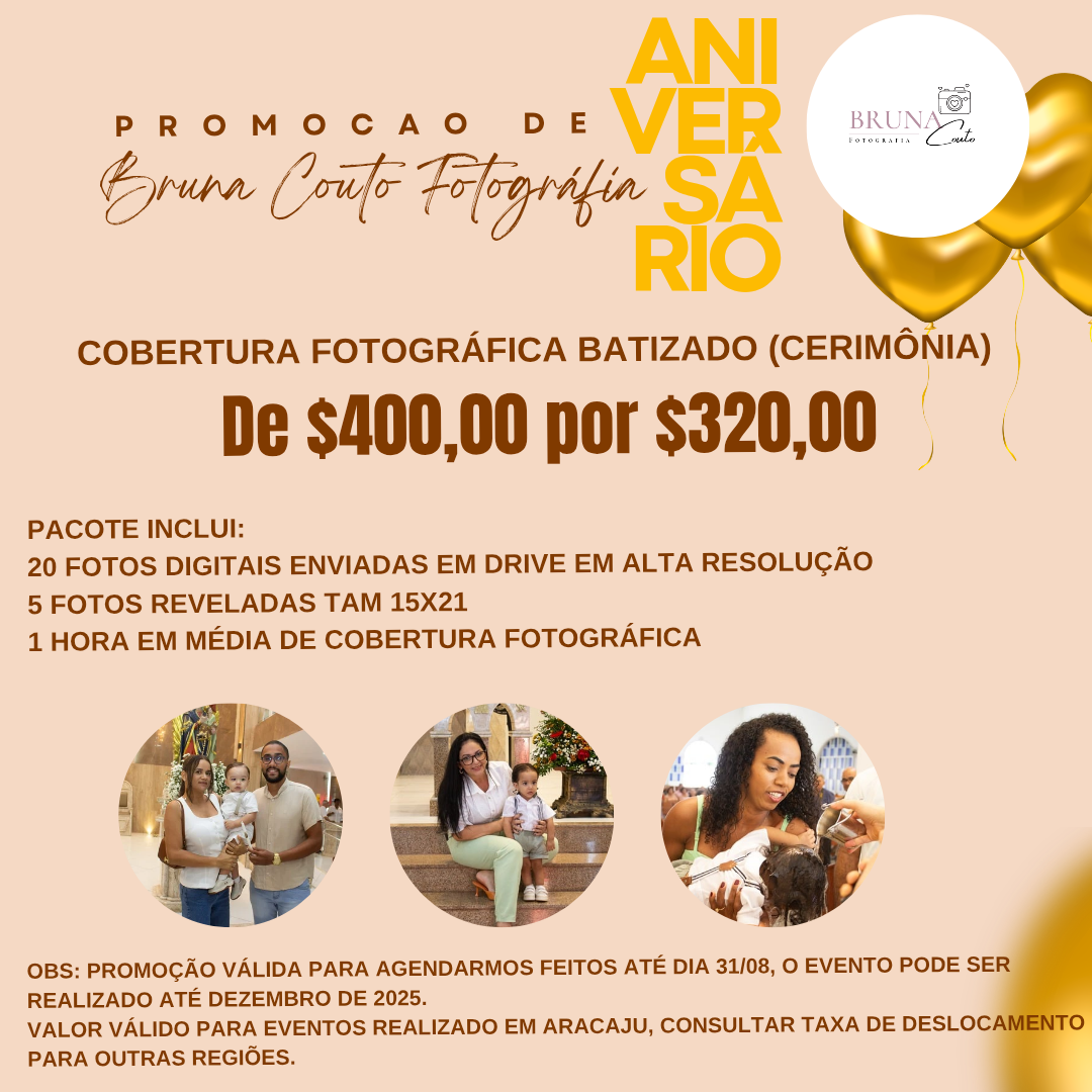cobertura fotográfica Batizado valor promocional  (apenas Cerimônia) pacote inclui: 20 fotos digitais enviadas em Drive em alta resolução / 5 fotos reveladas Tam 15x21 / 1 hora em média de cobertura fotográfica
