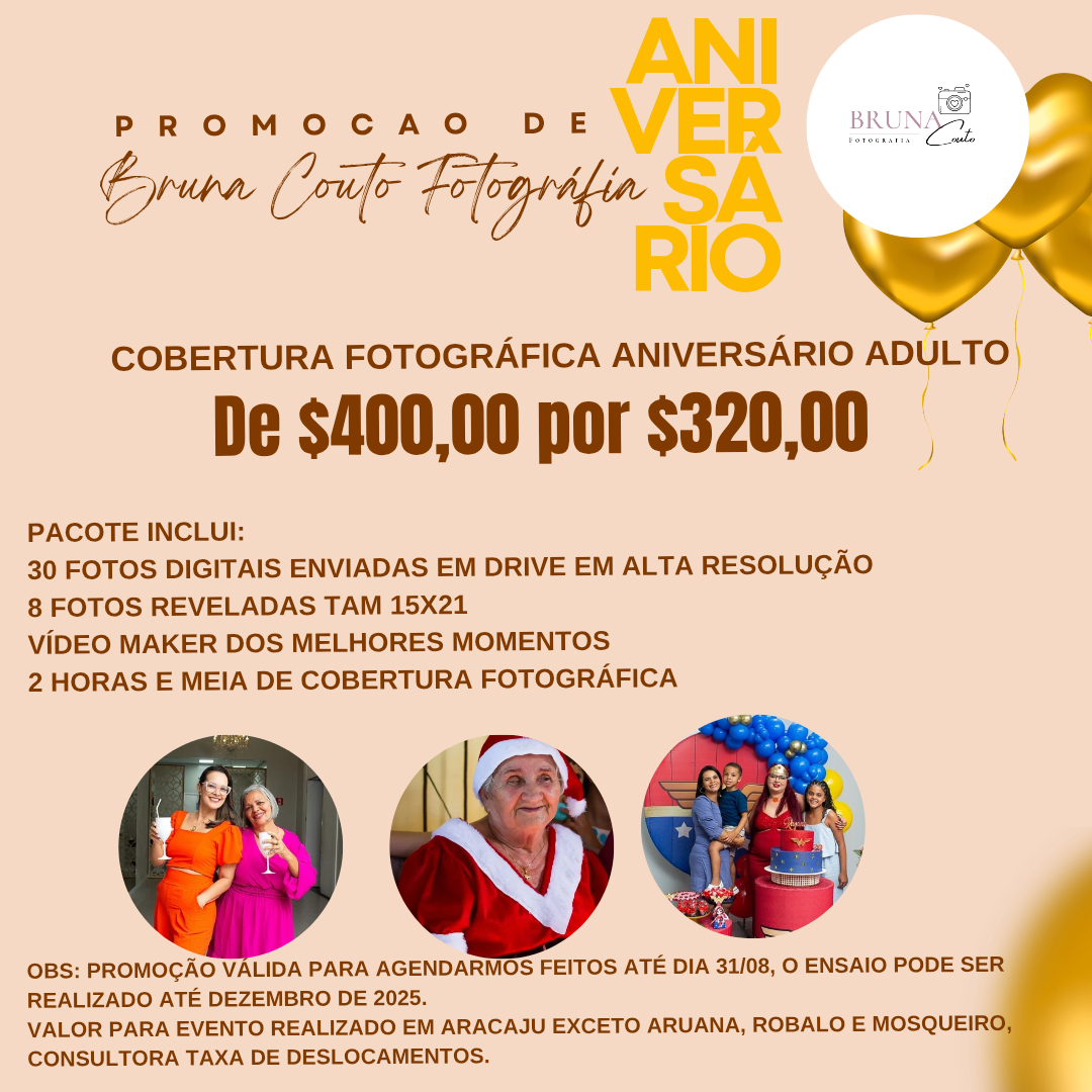 Cobertura fotográfica aniversário Adulto (valor promocional de aniversário)pacote inclui: 20 fotos digitais / 8 fotos reveladas Tam 15x21 / vídeo Maker dos melhores momentos / 2 horas e meia de cobertura fotográfica
