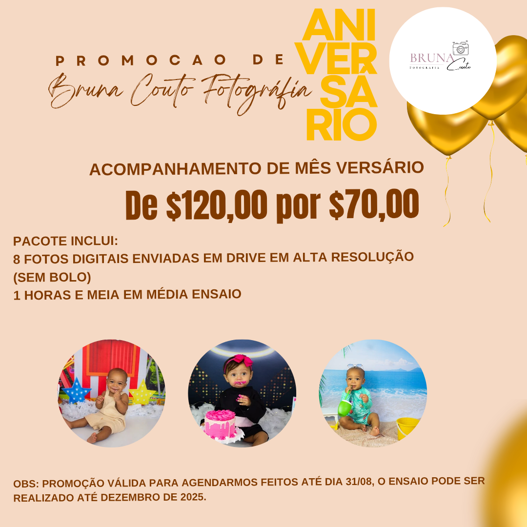 Acompanhamento de Mês Versário (valor promocional de aniversário do Studio) pacote inclui: Cenário fotográfico / link para download de 8 fotos digitais / 1 hora em média de ensaio