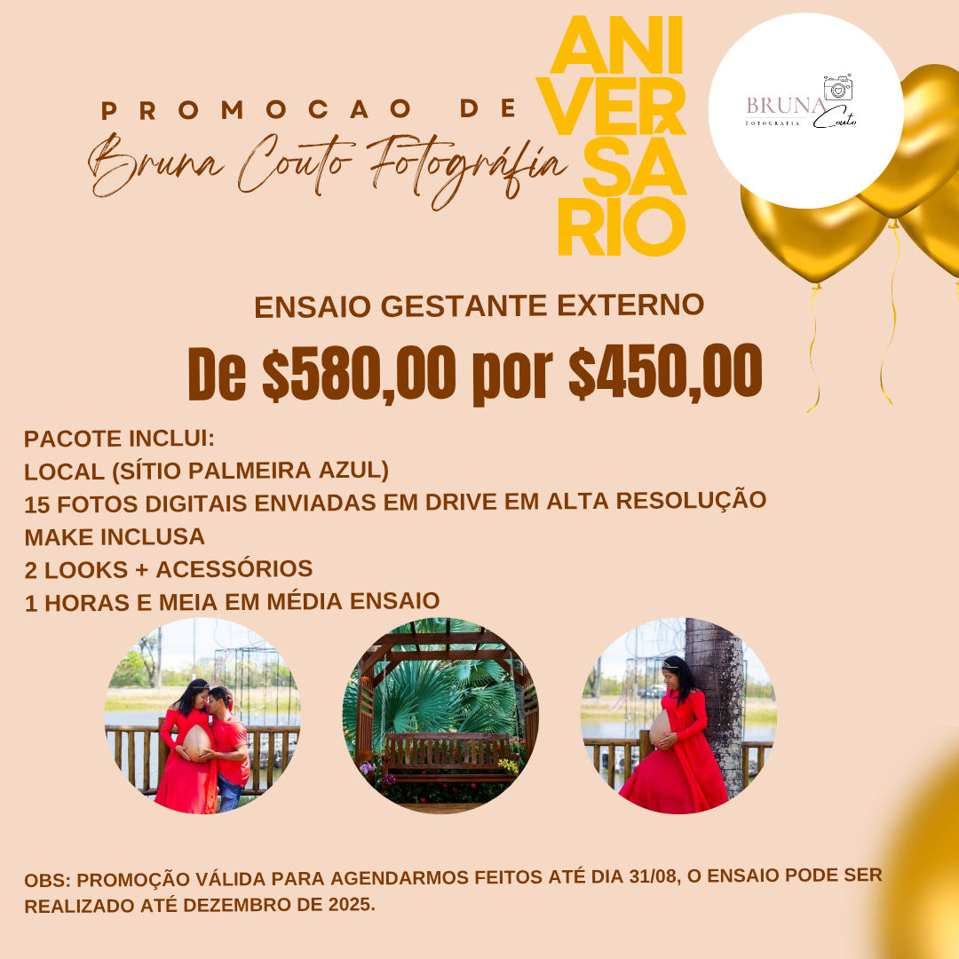 Ensaio Gestante externo (valor promocional de aniversário do Studio) pacote inclui: local sítio palmeira azul / link para download de 15 fotos digitais / Make inclusa / 2 looks + acessórios / 1 hora e meia em média de ensaio