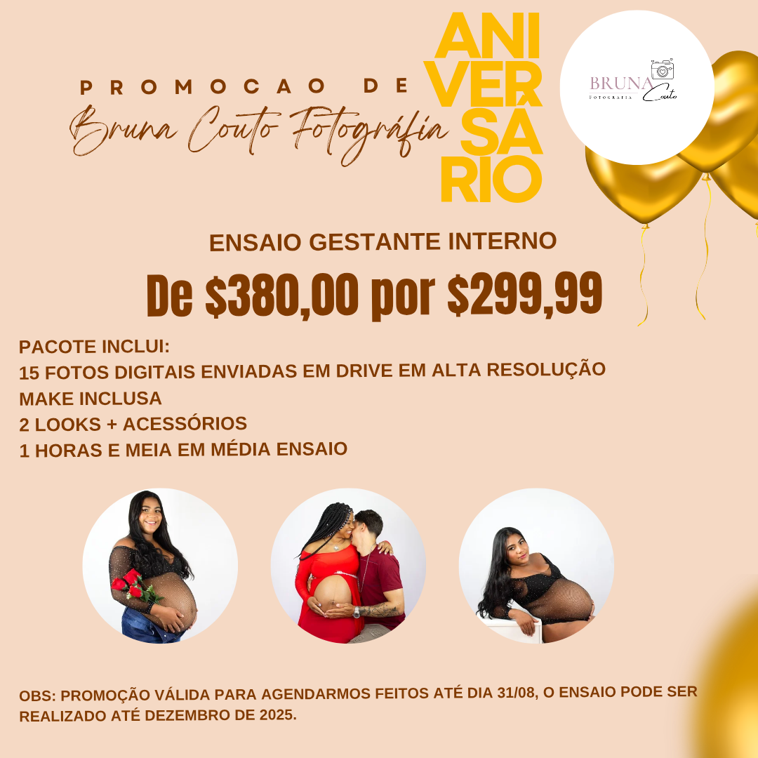Ensaio Gestante Interno (valor promocional de aniversário do Studio) pacote inclui: fundo fotográfico / link para download de 15 fotos digitais / Make inclusa / 2 looks + acessórios / 1 hora e meia em média de ensaio