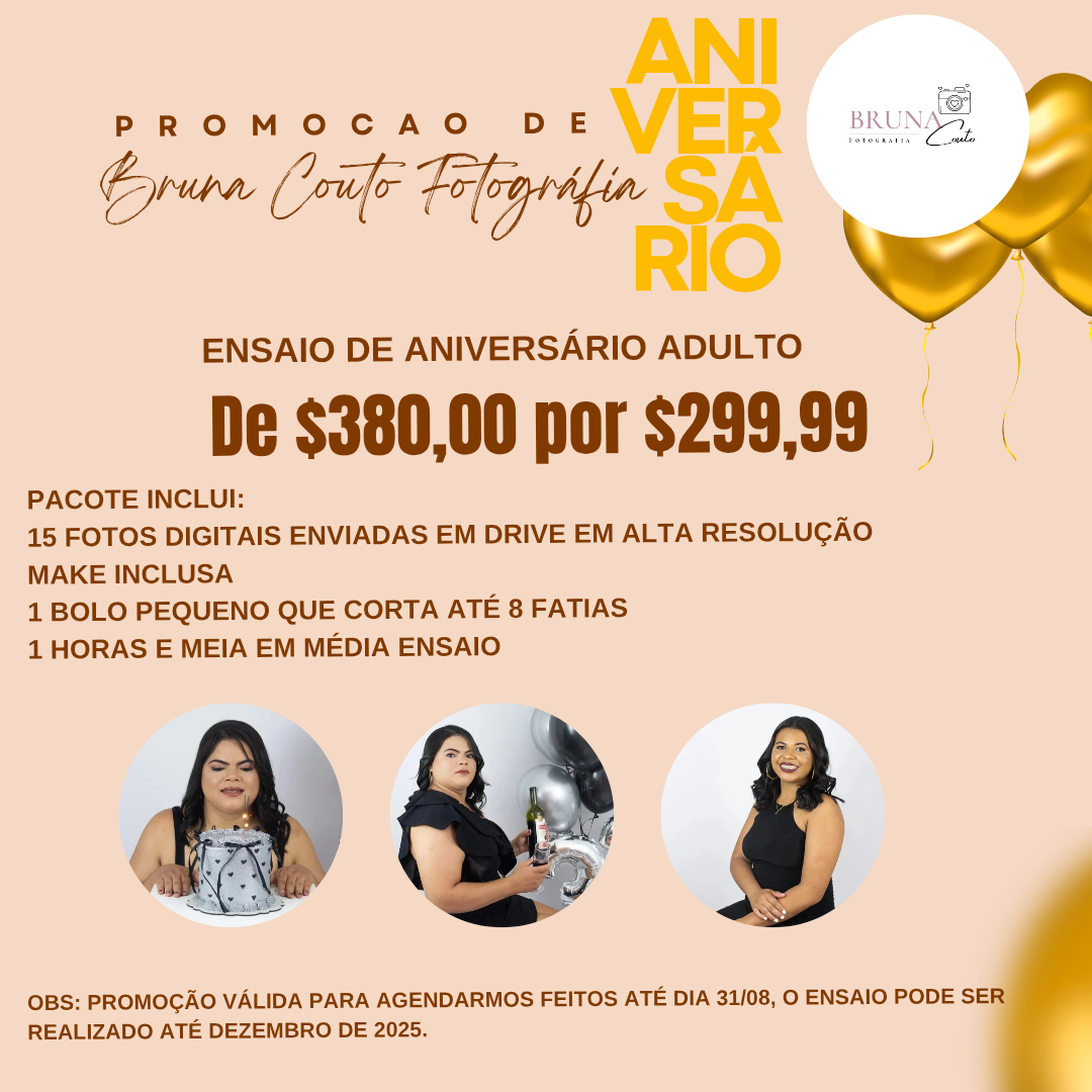 Ensaio de Aniversário Adulto (valor promocional de aniversário do Studio) pacote inclui: fundo fotográfico / link para download de 15 fotos digitais / Make inclusa / 1 bolo que corta até 8 fatias / 1 hora e meia em média de ensaio