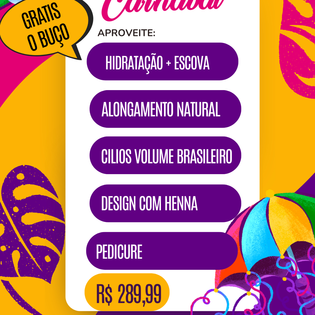 Hidratação e escova + alongamento natural + cílios volume brasileiro + design com henna + pedicure