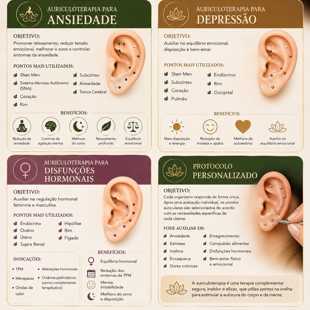 Auriculoterapia protocolos para depressão e ansiedade ,disfunções  hormonais